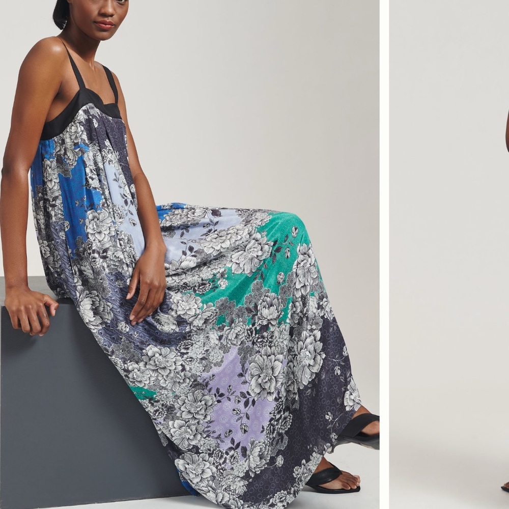 ATSU Floral Maxi Dress in Blue and Green